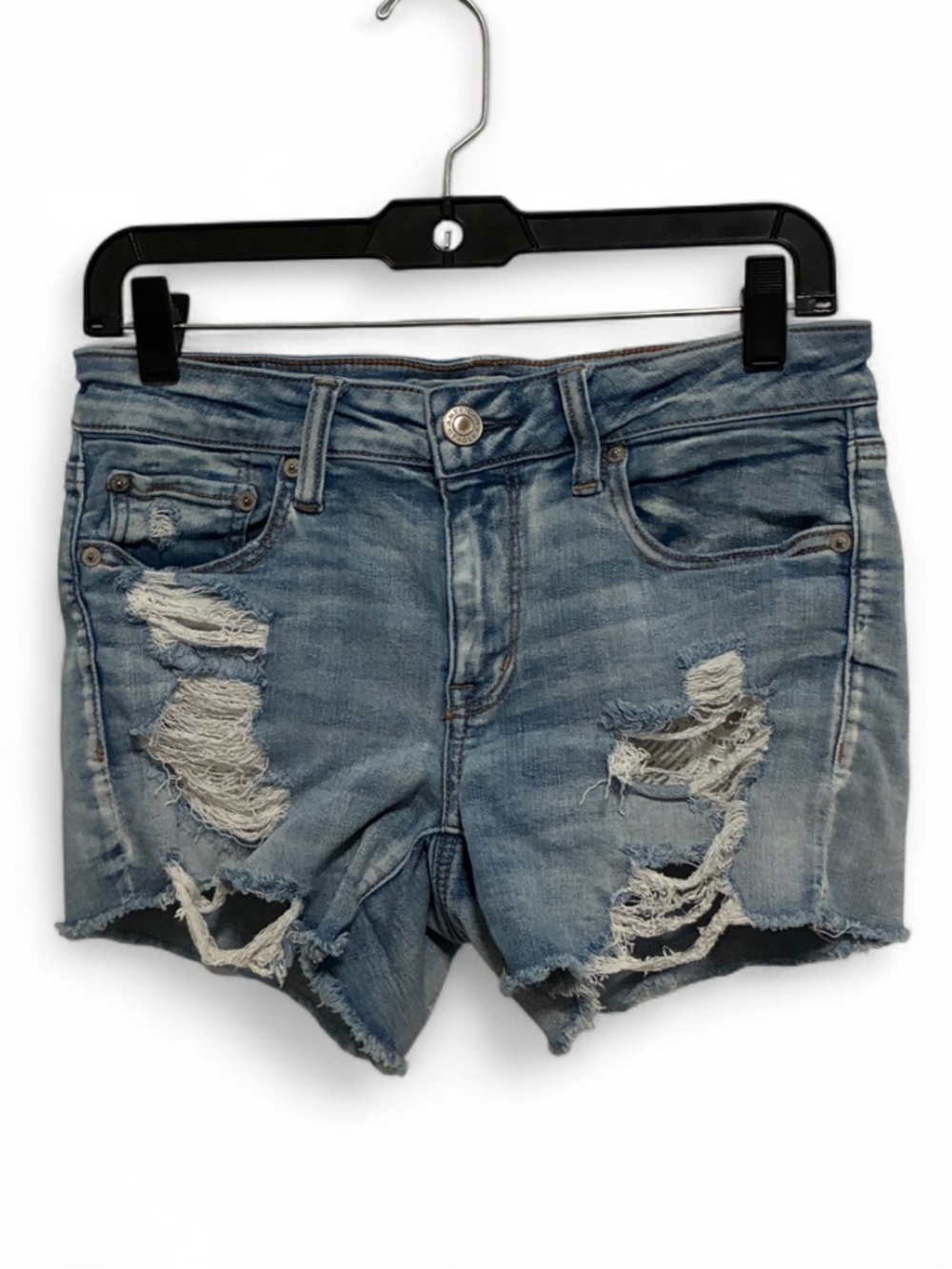 American Eagle Midi Distressed Light Blue Denim Shorts